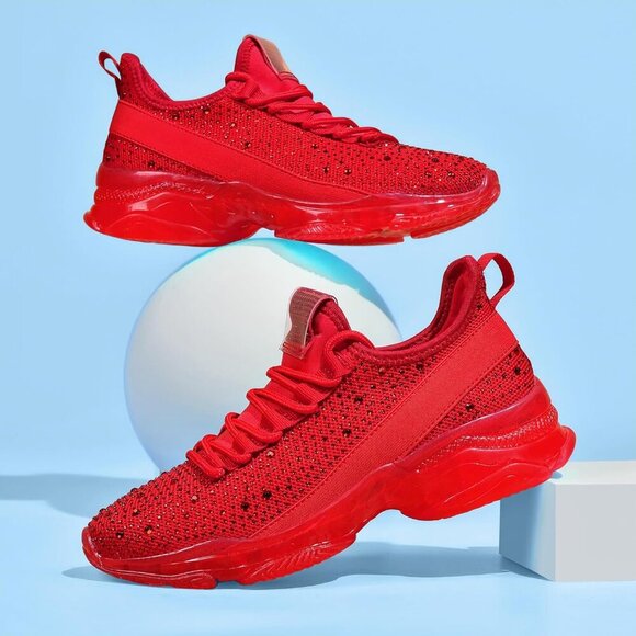 🆕 Red Rhinestone Mesh Slip-On Walking Shoes Fashion Glitter Breathable Sneaker - Picture 3 of 9